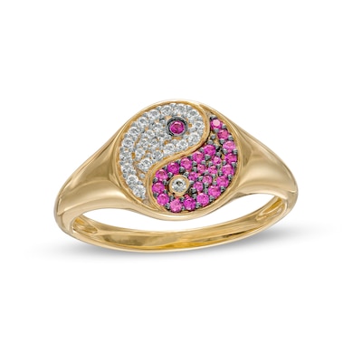 Lab-Created Ruby and White Lab-Created Sapphire Yin and Yang Symbol Signet Ring in 10K Gold