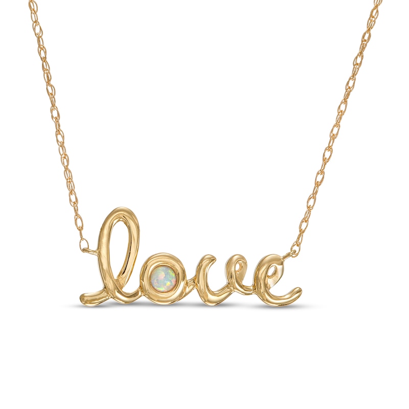 Bezel-Set Lab-Created Opal Cursive "love" Necklace in 10K Gold - 20"|Peoples Jewellers