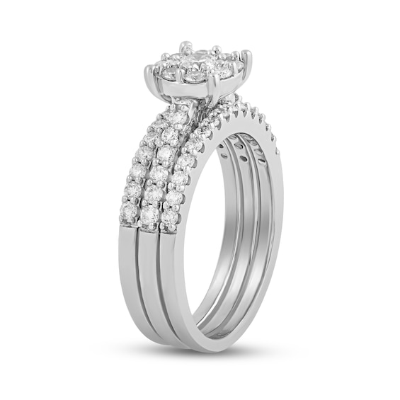 0.99 CT. T.W. Diamond Cushion-Shaped Frame Three Piece Bridal Set in 10K White Gold