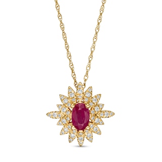 Oval Ruby and 0.20 CT. T.W. Diamond Starburst Pendant in 14K Gold