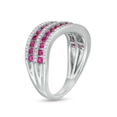 Ruby and 0.25 CT. T.W. Diamond Channel Multi-Row Wave Ring in 14K White Gold