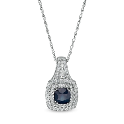 5.0mm Cushion-Cut Blue Sapphire and 0.24 CT. T.W. Diamond Double Frame Pendant in 14K White Gold