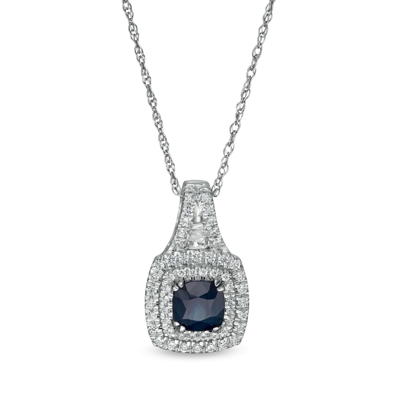 5.0mm Cushion-Cut Blue Sapphire and 0.24 CT. T.W. Diamond Double Frame Pendant in 14K White Gold|Peoples Jewellers