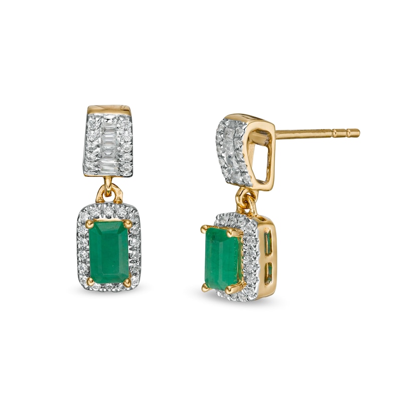 Emerald-Cut Emerald and 0.25 CT. T.W. Diamond Frame Drop Earrings in 14K Gold