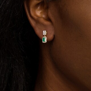 Emerald-Cut Emerald and 0.25 CT. T.W. Diamond Frame Drop Earrings in 14K Gold