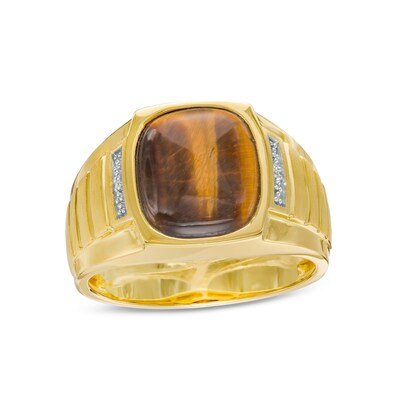 Men's Tiger's Eye and Diamond Accent Ribbed Shank Ring in 10K Gold