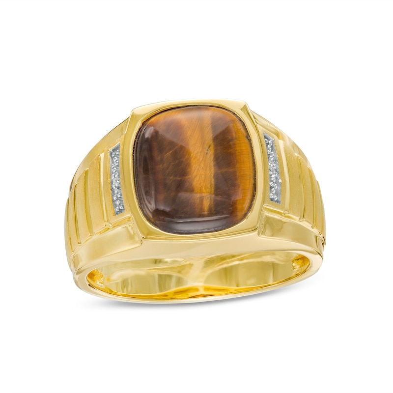 Men's Tiger's Eye and Diamond Accent Ribbed Shank Ring in 10K Gold ...