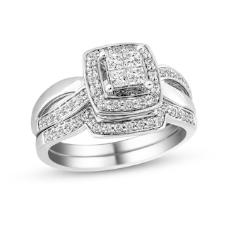 0.56 CT. T.W. Princess-Cut Quad Diamond Frame Twist Shank Bridal Set in 10K White Gold