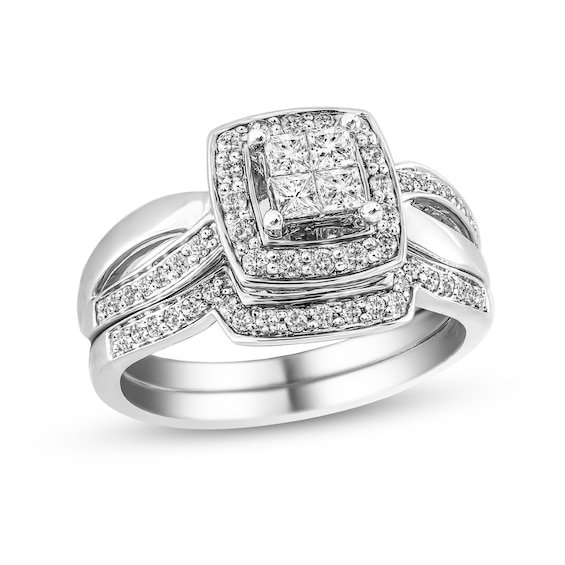 0.56 CT. T.W. Princess-Cut Quad Diamond Frame Twist Shank Bridal Set in 10K White Gold