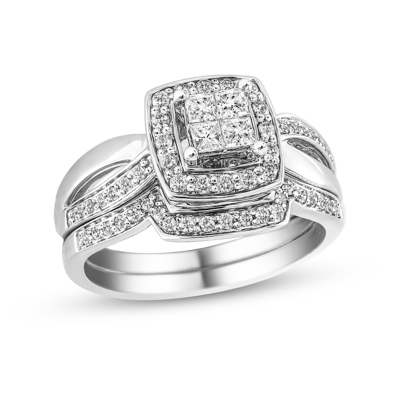 0.56 CT. T.W. Princess-Cut Quad Diamond Frame Twist Shank Bridal Set in 10K White Gold|Peoples Jewellers