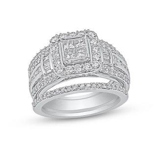 1.50 CT. T.W. Quad Princess-Cut Diamond Three Piece Bridal Set in 10K White Gold