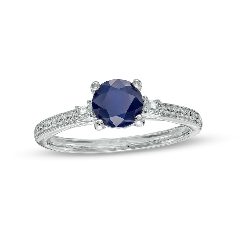 6.0mm Blue Sapphire and 0.10 CT. T.W. Baguette and Round Diamond Ring in 14K White Gold|Peoples Jewellers