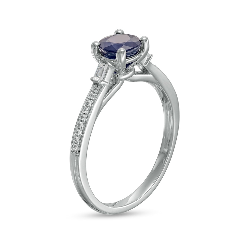6.0mm Blue Sapphire and 0.10 CT. T.W. Baguette and Round Diamond Ring in 14K White Gold