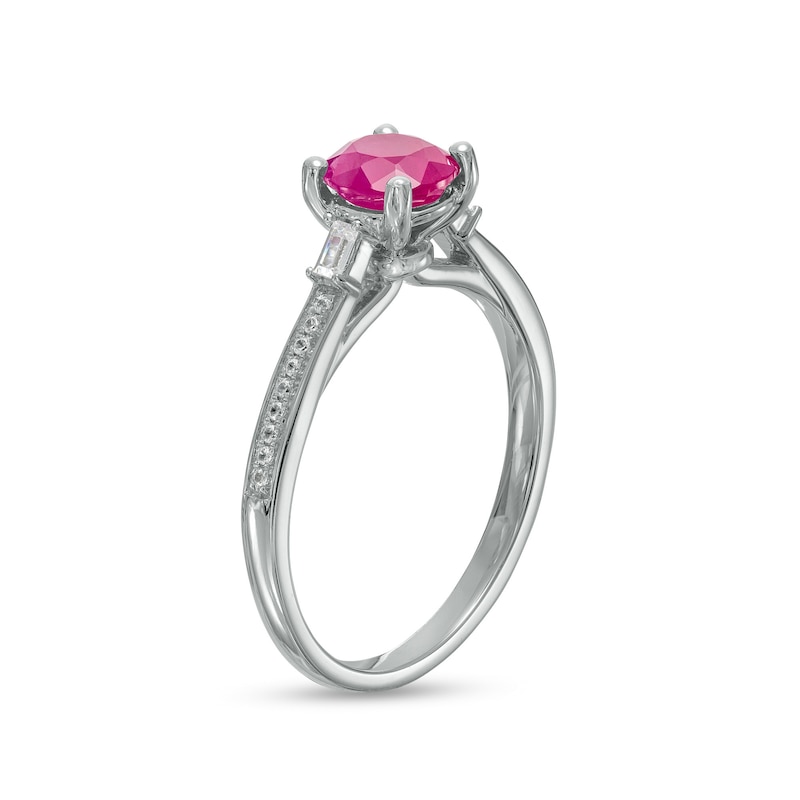 6.0mm Ruby and 0.10 CT. T.W. Baguette and Round Diamond Ring in 14K White Gold|Peoples Jewellers