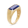 Men's Elongated Octagonal Blue Lab-Created Sapphire Bevelled Edge Signet Ring in 10K Gold