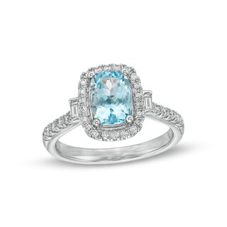 Cushion-Cut Aquamarine and 0.40 CT. T.W. Diamond Frame Collar Engagement Ring in 14K White Gold