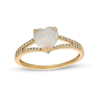 7.0mm Heart-Shaped Lab-Created Opal and 0.085 CT. T.W. Diamond Split Shank Ring in 10K Gold