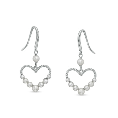 2.0-4.0mm Freshwater Cultured Pearl Graduated Rope-Textured Heart Outline Drop Earrings in Sterling Silver