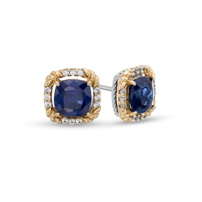 7.0mm Cushion-Cut Blue and White Lab-Created Sapphire Rope-Textured Frame Stud Earrings in Sterling Silver and 10K Gold