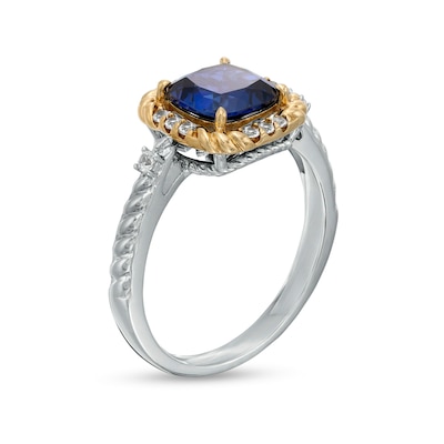 7.0mm Cushion-Cut Blue and White Lab-Created Sapphire Rope-Textured Frame Ring in Sterling Silver and 10K Gold