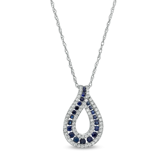 Blue Sapphire and 0.20 CT. T.W. Diamond Border Graduated Triple Row Loop Teardrop Pendant in 14K White Gold