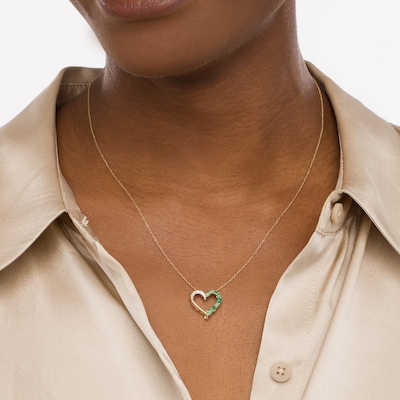 Emerald and Diamond Accent Ribbon Loop Heart Outline Pendant in 10K Gold