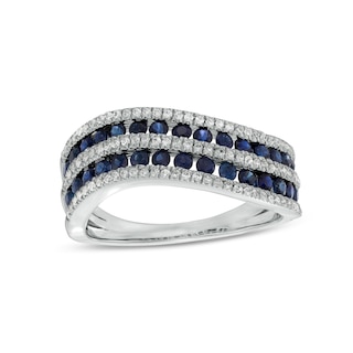 Blue Sapphire and 0.25 CT. T.W. Diamond Alternating Multi-Row Wave Ring in 14K White Gold