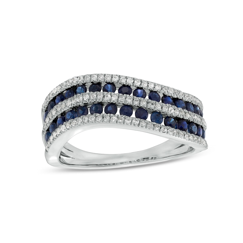 Blue Sapphire and 0.25 CT. T.W. Diamond Alternating Multi-Row Wave Ring in 14K White Gold|Peoples Jewellers