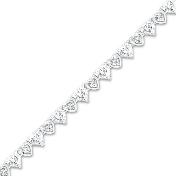 Heart-Shaped White Lab-Created Sapphire and Trio in Heart Frame Alternating Line Bracelet in Sterling Silver - 7.25"