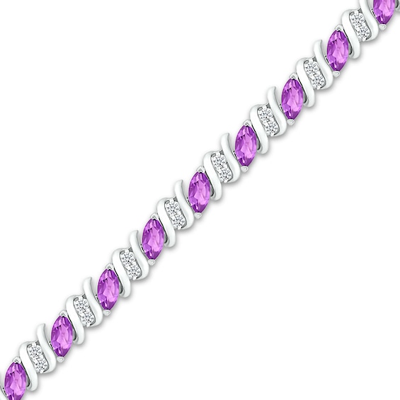 Marquise Amethyst Slant and White Lab-Created Sapphire Duo "S" Link Alternating Line Bracelet in Sterling Silver - 7.25"