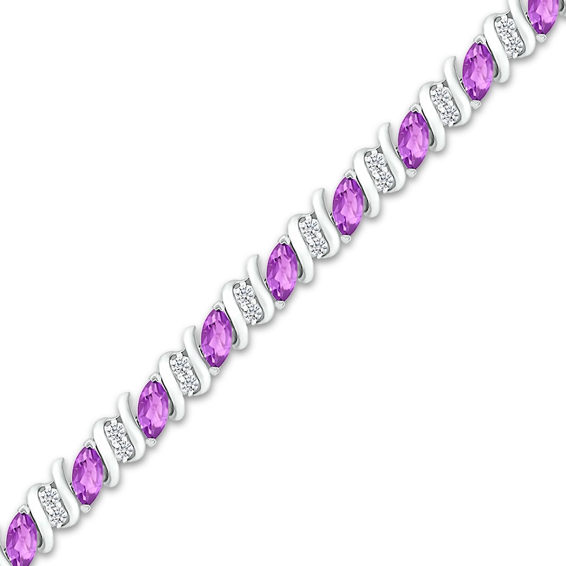 Marquise Amethyst Slant and White Lab-Created Sapphire Duo "S" Link Alternating Line Bracelet in Sterling Silver - 7.25"|Peoples Jewellers