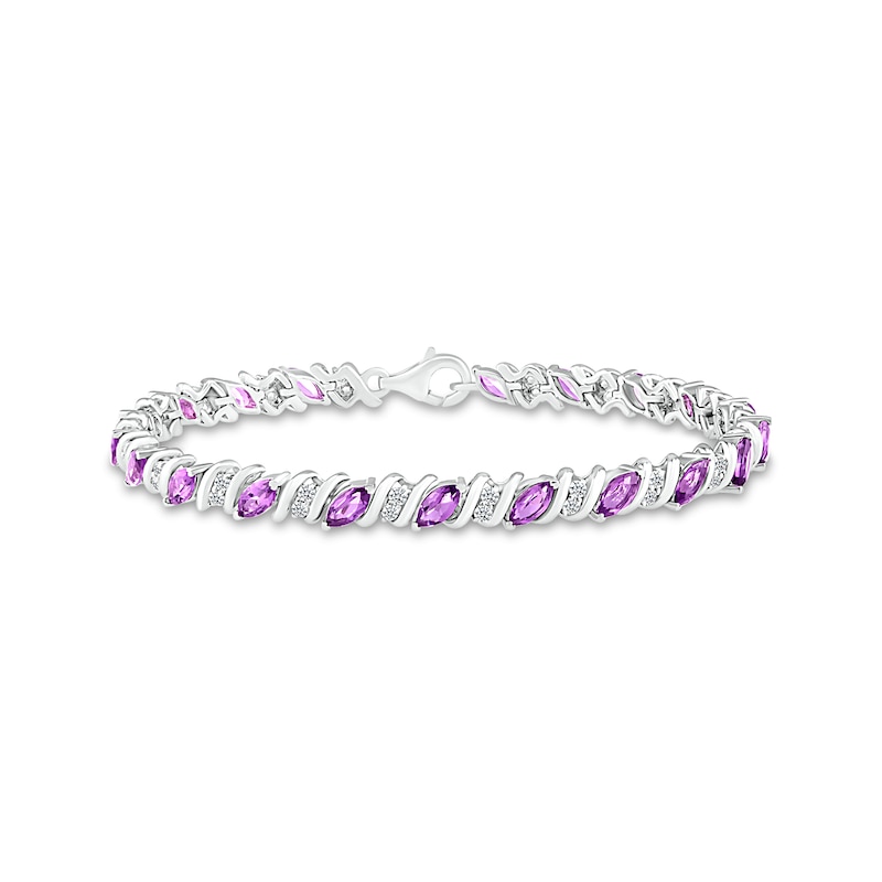 Marquise Amethyst Slant and White Lab-Created Sapphire Duo "S" Link Alternating Line Bracelet in Sterling Silver - 7.25"|Peoples Jewellers