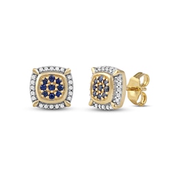 Men's Blue Sapphire and 0.115 CT. T.W. Diamond Cluster Cushion Frame Four-Corner Accent Stud Earrings in 10K Gold