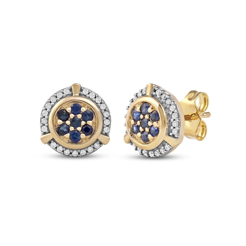 Men's Blue Sapphire and 0.115 CT. T.W. Diamond Cluster Frame Trio Accent Stud Earrings in 10K Gold|Peoples Jewellers
