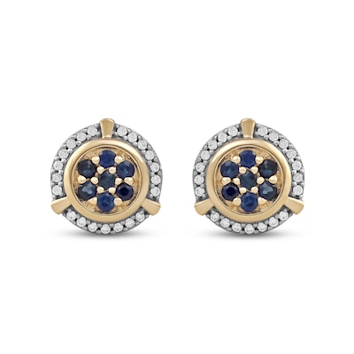 Men's Blue Sapphire and 0.115 CT. T.W. Diamond Cluster Frame Trio Accent Stud Earrings in 10K Gold