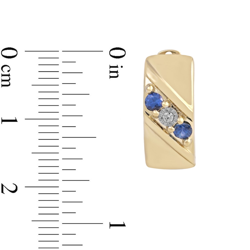 Men's Blue Sapphire and Diamond Accent Three Stone Slant Huggie Hoop Earrings in 10K Gold|Peoples Jewellers