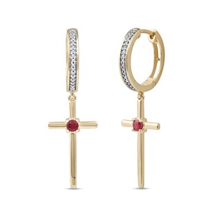 Men's 3.0mm Ruby and 0.086 CT. T.W. Diamond Cross Dangle Drop Earrings in 10K Gold