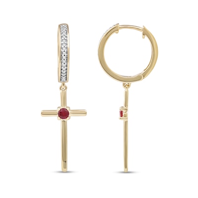 Men's 3.0mm Ruby and 0.086 CT. T.W. Diamond Cross Dangle Drop Earrings in 10K Gold