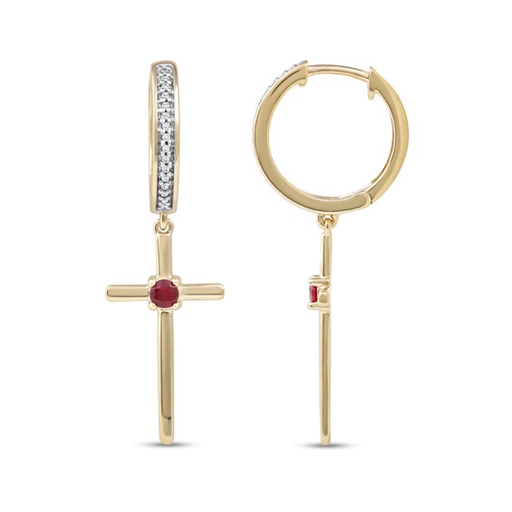 Men's 3.0mm Ruby and 0.086 CT. T.W. Diamond Cross Dangle Drop Earrings in 10K Gold