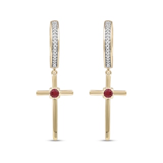 Men's 3.0mm Ruby and 0.086 CT. T.W. Diamond Cross Dangle Drop Earrings in 10K Gold