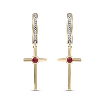 Men's 3.0mm Ruby and 0.086 CT. T.W. Diamond Cross Dangle Drop Earrings in 10K Gold