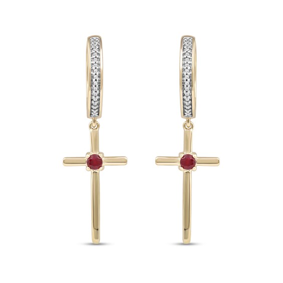 Men's 3.0mm Ruby and 0.086 CT. T.W. Diamond Cross Dangle Drop Earrings in 10K Gold