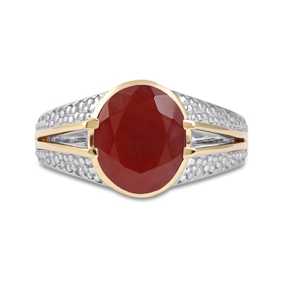 Men's Oval Red Agate Multi-Finish Split Shank Ring in Sterling Silver and 10K Gold