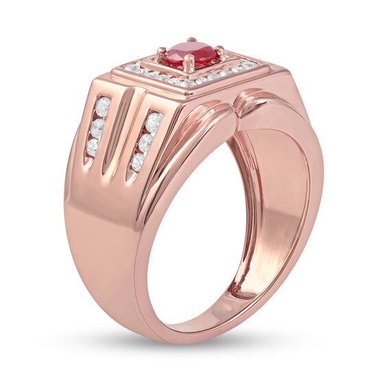 Men's 5.0mm Ruby and 0.45 CT. T.W. Diamond Square Frame Double Row with Groove Shank Ring in 10K Rose Gold