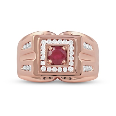 Men's 5.0mm Ruby and 0.45 CT. T.W. Diamond Square Frame Double Row with Groove Shank Ring in 10K Rose Gold