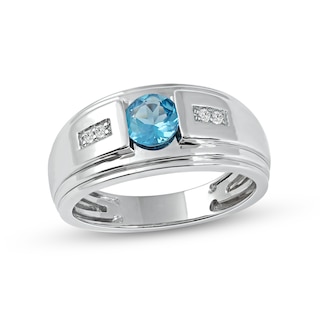 Men's 6.0mm Swiss Blue Topaz and 0.04 CT. T.W. Diamond Stepped Edge Ring in Sterling Silver