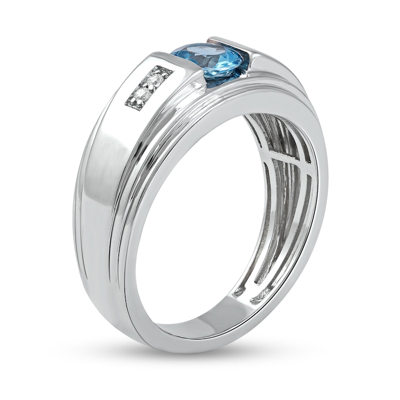 Men's 6.0mm Swiss Blue Topaz and 0.04 CT. T.W. Diamond Stepped Edge Ring in Sterling Silver