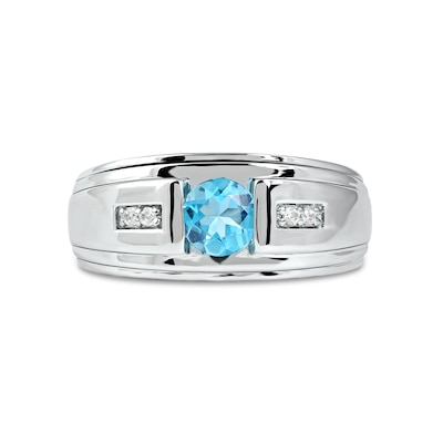 Men's 6.0mm Swiss Blue Topaz and 0.04 CT. T.W. Diamond Stepped Edge Ring in Sterling Silver