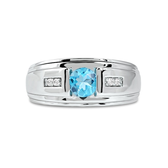 Men's 6.0mm Swiss Blue Topaz and 0.04 CT. T.W. Diamond Stepped Edge Ring in Sterling Silver