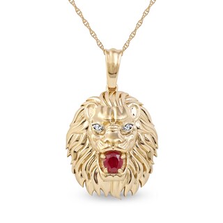 Men's 4.0mm Ruby and Diamond Accent Lion Head Pendant in 10K Gold - 22"